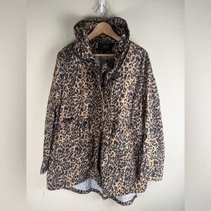 J Crew Women's Hooded Perfect Rain Jacket in Leopard Print Size Large EUC Gold